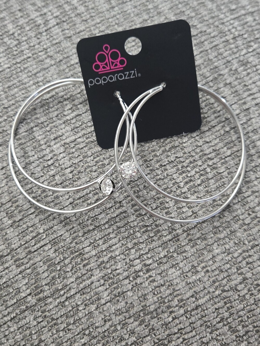Paparazzi Theater Silver Hoop White Rhinestones Earrings